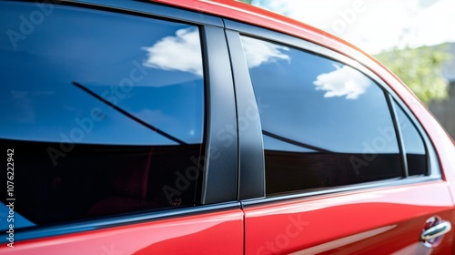 Side view of car window tint, ceramic film provides heat rejection and UV protection with stable color, car film installed on the glass surface of the , selected focus car tinting service