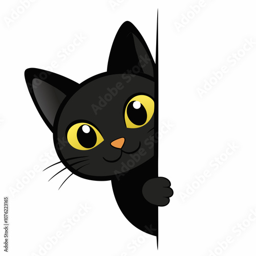 Cute black cat peeking out from around the corner vector illustration