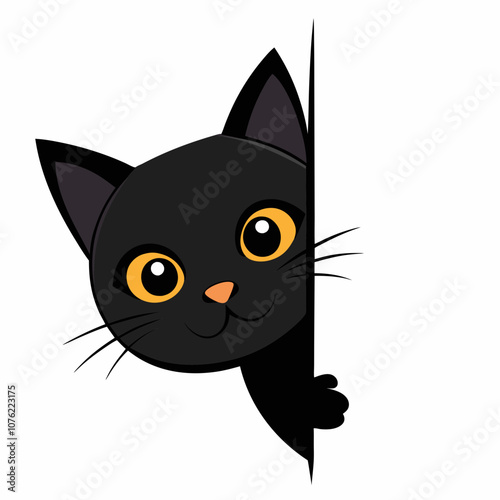 Cute black cat peeking out from around the corner vector illustration