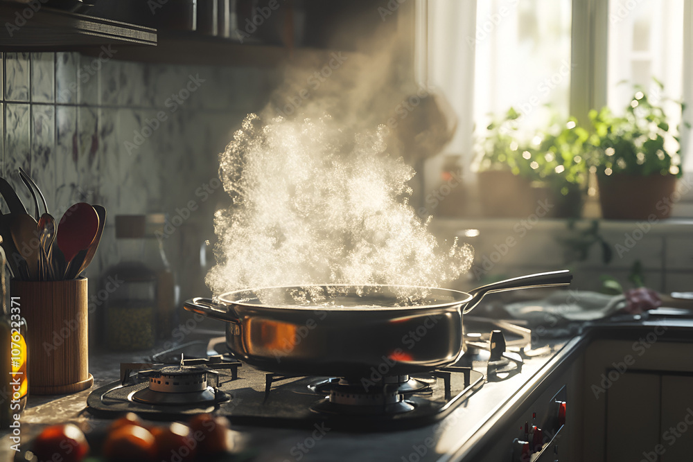 A pot of boiling water releases steam in a cozy kitchen environment creating an inviting atmosphere for cooking A pot of boiling water releases steam in a cozy kitchen environment creating an inviting atmosphere for cooking