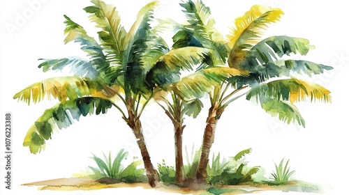 Banana palms tree on isolated white background watercolor illustration

 photo