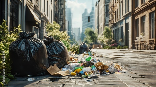 Bags of trash on city streets for recycling concept. Organic

 photo