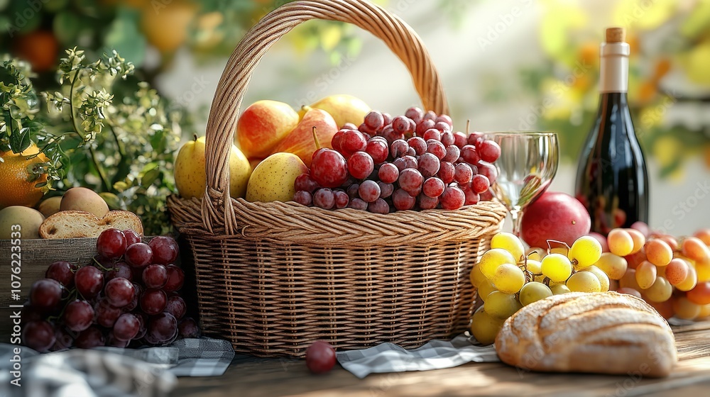 Wicker basket with tasty food and wine for picnic with hat on white background Wicker basket with tasty food and wine for picnic with hat on white background
