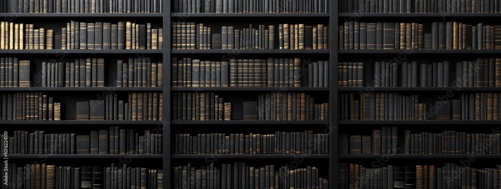 A black and gold bookcase with many books on it A black and gold bookcase with many books on it