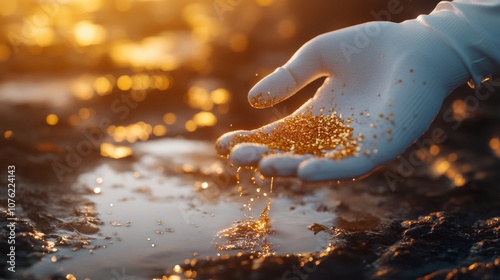 Gloved hand with small gold nuggets above a river stream, symbolizing mining. The close-up shows shimmering gold particles on a white glove, with blurred rocks and water behind

