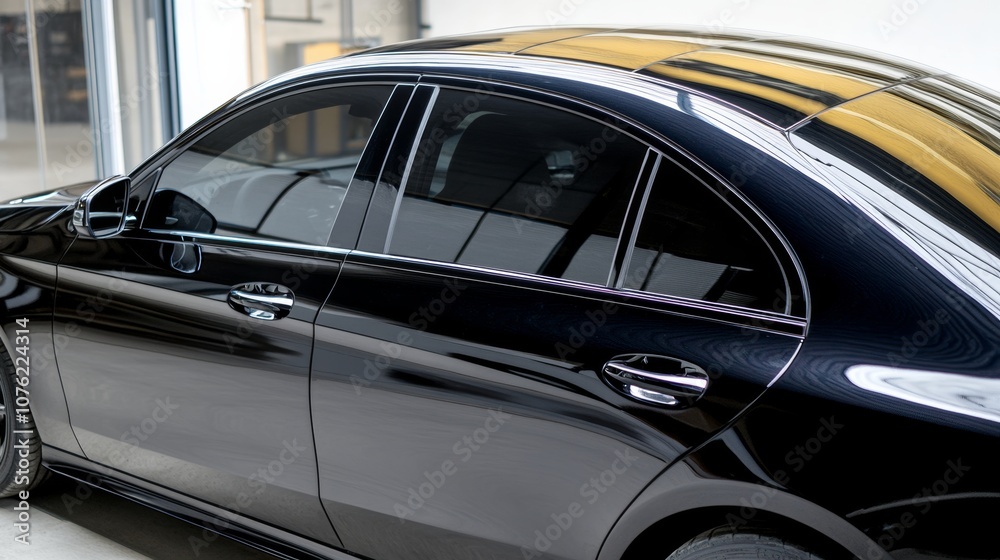 Side view of car window tint, ceramic film provides heat rejection and UV protection with stable color, car film installed on the glass surface of the , selected focus car tinting service Side view of car window tint, ceramic film provides heat rejection and UV protection with stable color, car film installed on the glass surface of the , selected focus car tinting service