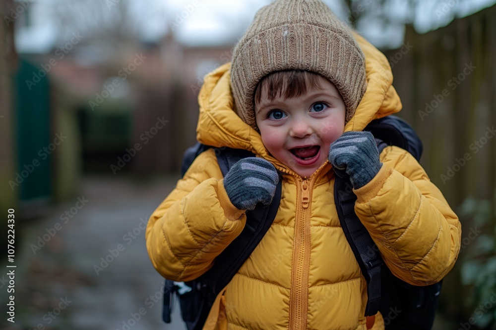 A cheerful child in a bright yellow jacket smiles warmly on a chilly day. The joy of youth is captured in this vibrant moment. Perfect for winter themes. Generative AI. A cheerful child in a bright yellow jacket smiles warmly on a chilly day. The joy of youth is captured in this vibrant moment. Perfect for winter themes. Generative AI.