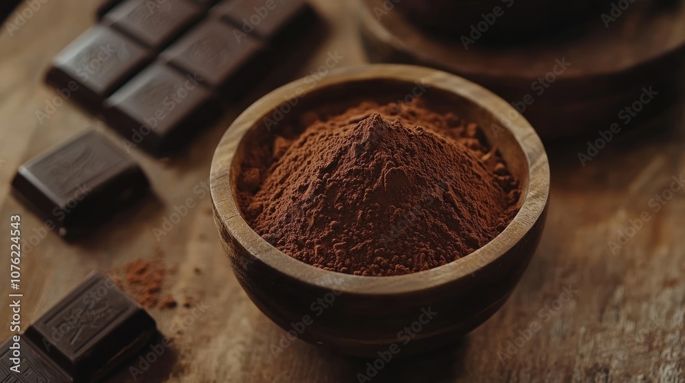 Cocoa powder sits in a rustic wooden bowl, surrounded by rich chocolate, creating an inviting display of cocoa powder that enhances any chocolate-themed composition. Cocoa powder sits in a rustic wooden bowl, surrounded by rich chocolate, creating an inviting display of cocoa powder that enhances any chocolate-themed composition.