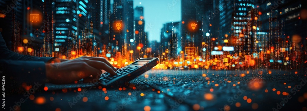 Fototapeta premium A Hand Using a Calculator in Front of a Cityscape at Night