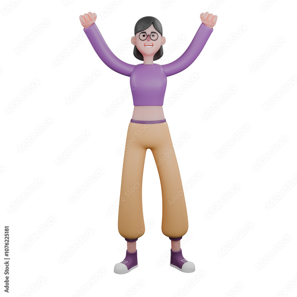3D Animated Dance Performer. A female dancer stands with both hands clenched upwards with a happy expression. Performer Talent 3D Animated Dance Performer. A female dancer stands with both hands clenched upwards with a happy expression. Performer Talent