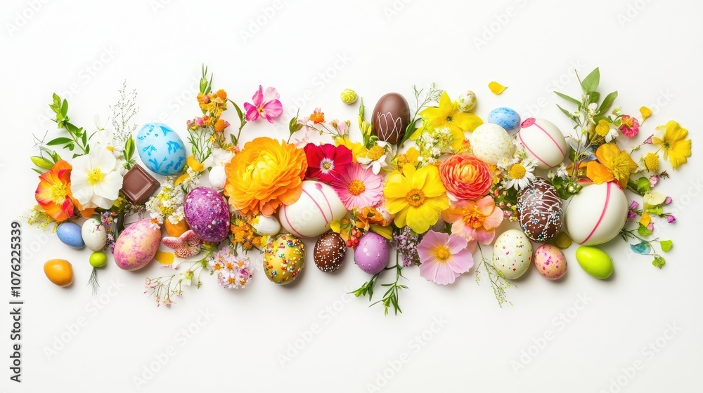 Vibrant spring flowers and festive Easter decorations accompanied by an assortment of colorful chocolates, all set against a clean white background, perfect for seasonal themes. Vibrant spring flowers and festive Easter decorations accompanied by an assortment of colorful chocolates, all set against a clean white background, perfect for seasonal themes.