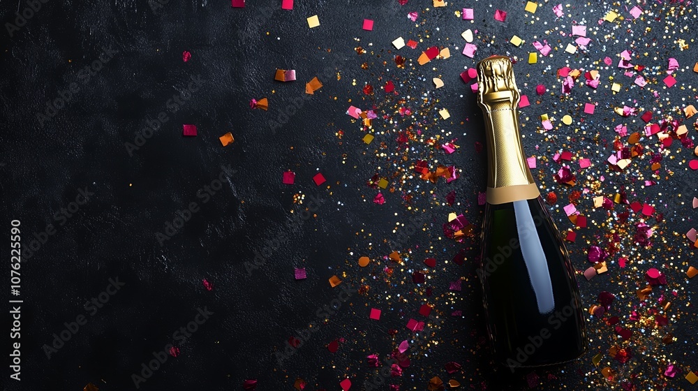 Fototapeta premium Champagne Bottle with Gold Confetti on Dark Background for Celebration