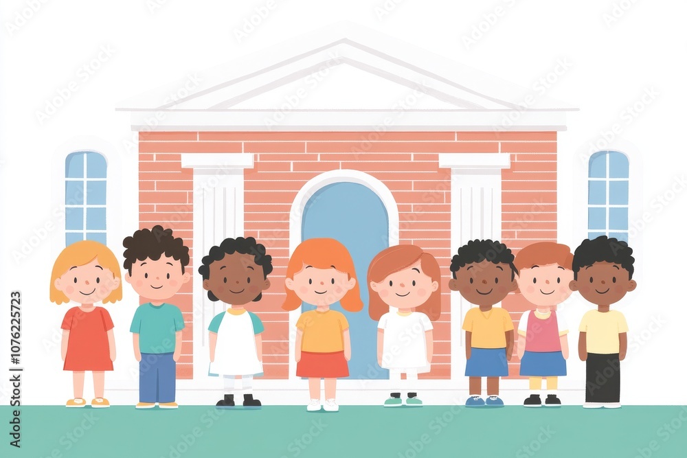 2408_002.Illustration of cartoonish diverse young students in front of a school - Created with 2408_002.Illustration of cartoonish diverse young students in front of a school - Created with