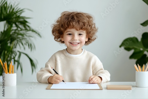 2408_055.Smiling child school boy doing homework while sitting at desk at home. Generetive Ai photo