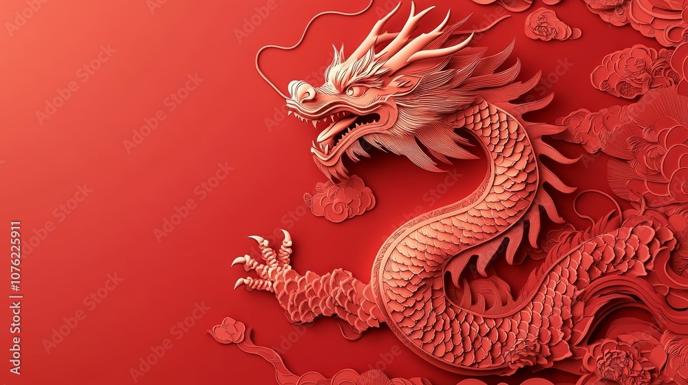 Happy Chinese New Year with Red Dragon Relief on Bright Red Background Happy Chinese New Year with Red Dragon Relief on Bright Red Background