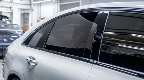 Side view of car window tint, ceramic film provides heat rejection and UV protection with stable color, car film installed on the glass surface of the , selected focus car tinting service photo