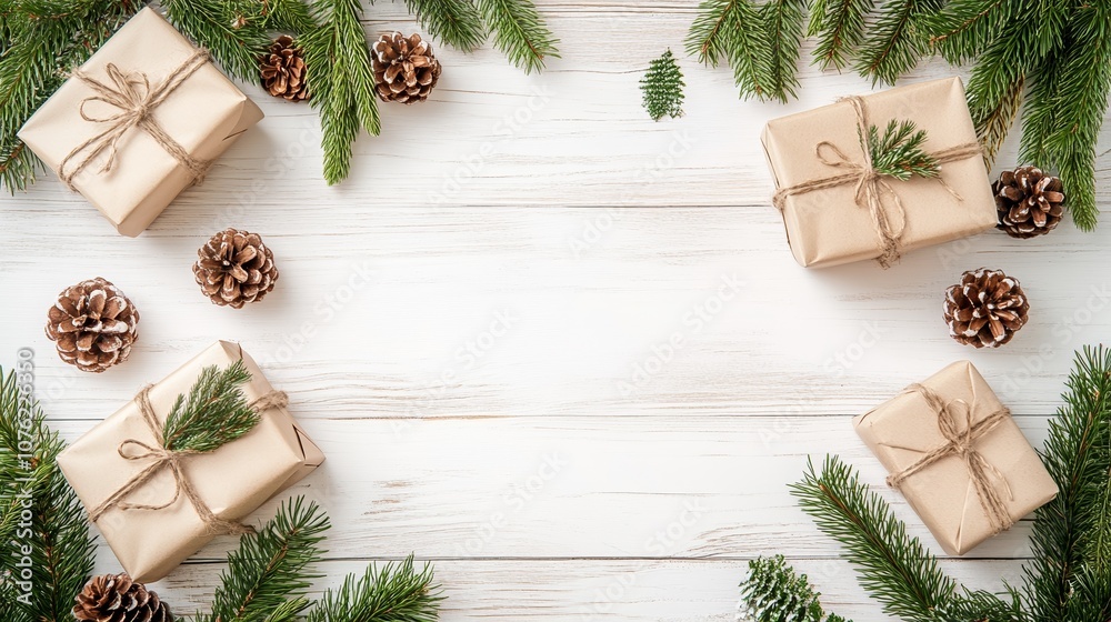 Christmas Gift Boxes with Pine Branches and Cones on Wooden Background Christmas Gift Boxes with Pine Branches and Cones on Wooden Background