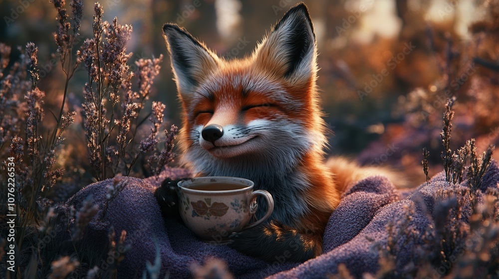 Naklejka premium Cute Fox Wearing Purple Sweater Sitting on Autumn Leaves