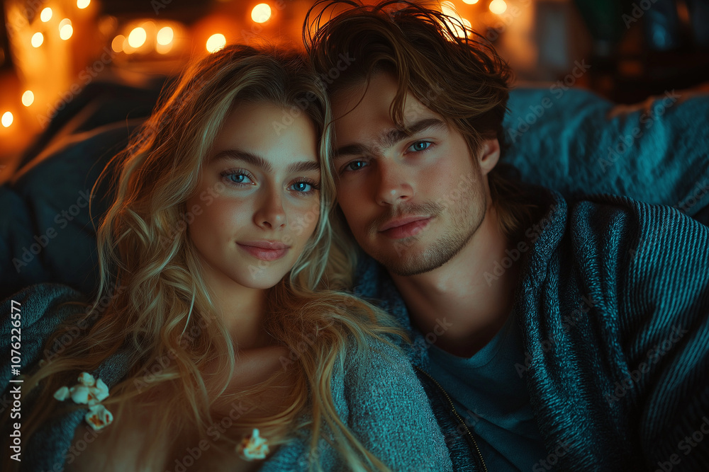 Couple Watching a Romantic Movie at Home with Popcorn and Blankets Couple Watching a Romantic Movie at Home with Popcorn and Blankets