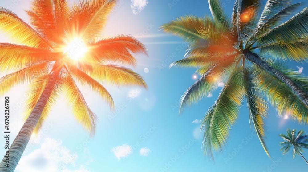 Fototapeta premium Sun-kissed palm trees against a bright blue sky, capturing the essence of a tropical paradise.
