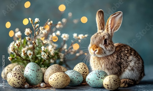 Easter Bunny with Speckled Eggs and White Flowers