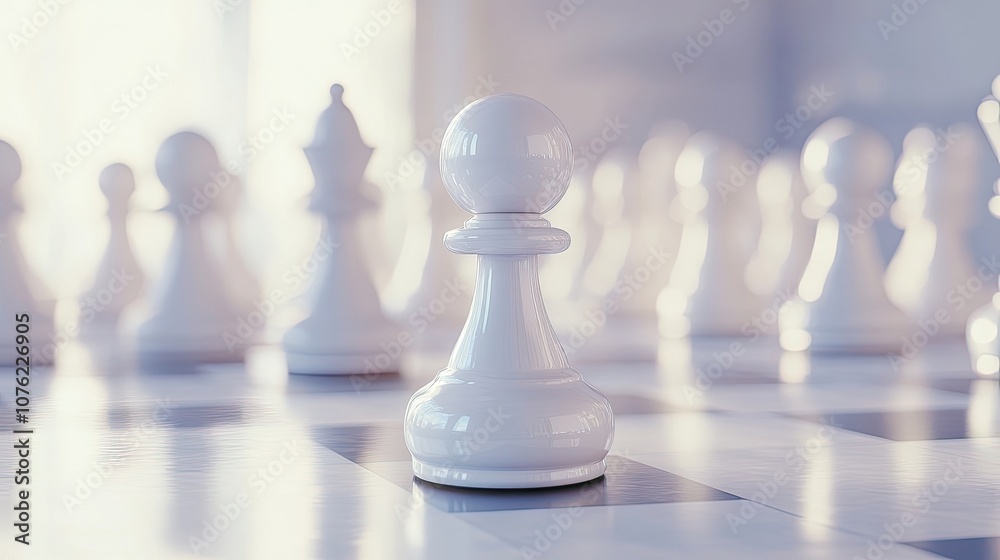 High-resolution image capturing a white chess pawn amidst blurred chess pieces. This chess pawn symbolizes peace, strategy, and intellectual challenges with ample copy space. High-resolution image capturing a white chess pawn amidst blurred chess pieces. This chess pawn symbolizes peace, strategy, and intellectual challenges with ample copy space.