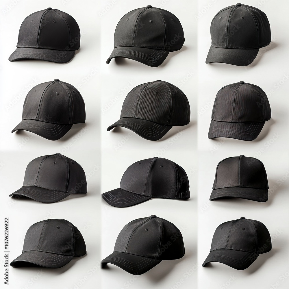 various angle of black cap with white background for mockup, studio shooting.generative ai