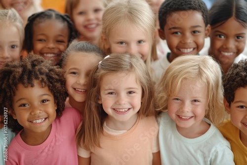 2408_064.Kids go back to school Interracial group of children of mixed age in classroom Students learn to read and write Preschooler or kindergarten kid with teacher Child learning letters with :