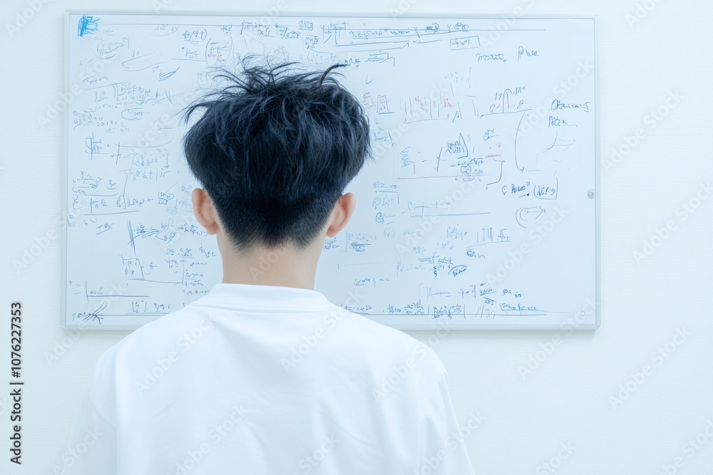 2408_047.Stressed high school student having difficulty solving the equation at white board 2408_047.Stressed high school student having difficulty solving the equation at white board