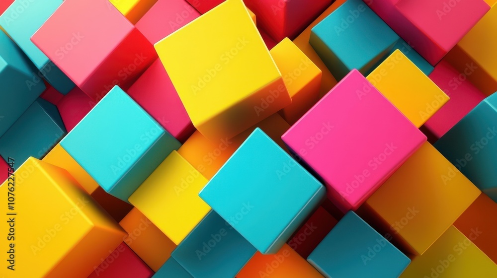 Colorful abstract arrangement of bright 3D cubes in vibrant pink, yellow, and turquoise shades. Colorful abstract arrangement of bright 3D cubes in vibrant pink, yellow, and turquoise shades.