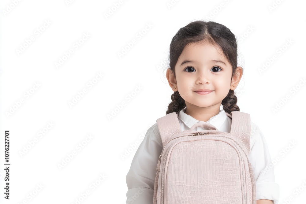 2408_008.Cute little Indian schoolgirl in uniform looking at camera with backpack while standing on white background 2408_008.Cute little Indian schoolgirl in uniform looking at camera with backpack while standing on white background