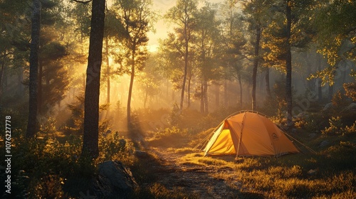 Camping Tent Illuminated by Soft Light in Dense Forest at Night Surrounded by Tall Trees