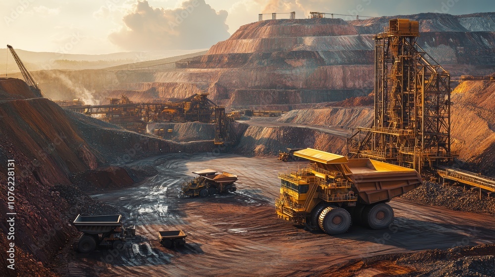 Image of Iron Ore Mines With Excavators and Heavy Machinery in a Rugged Landscape During Sunset Highlighting Industrial Mining Operations and Natural Resources Image of Iron Ore Mines With Excavators and Heavy Machinery in a Rugged Landscape During Sunset Highlighting Industrial Mining Operations and Natural Resources