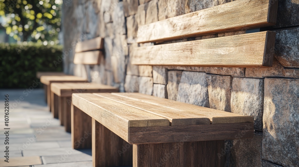 Modern Wooden Benches in Park Surrounded by Blooming Flowers and Greenery in Sunny Weather Modern Wooden Benches in Park Surrounded by Blooming Flowers and Greenery in Sunny Weather