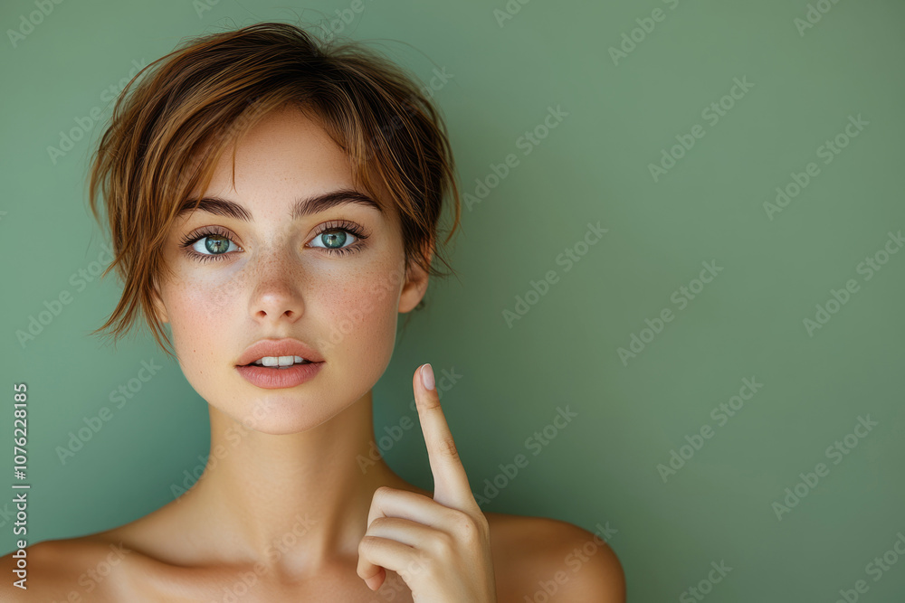 Young woman with a short brown bob is gesturing with her index finger against a vibrant green backdrop Young woman with a short brown bob is gesturing with her index finger against a vibrant green backdrop