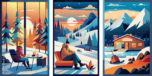 Tranquil winter retreats in scenic sunset and snowy mountains - ideal for seasonal print and design