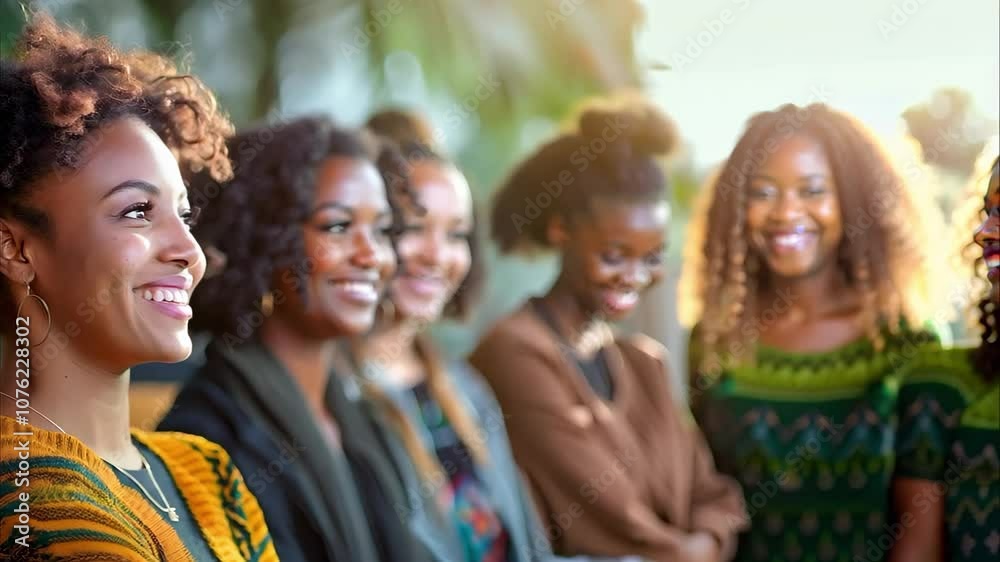 A group of smiling women with curly hair, dressed in colorful outfits, standing together in a lively, natural setting. A group of smiling women with curly hair, dressed in colorful outfits, standing together in a lively, natural setting.
