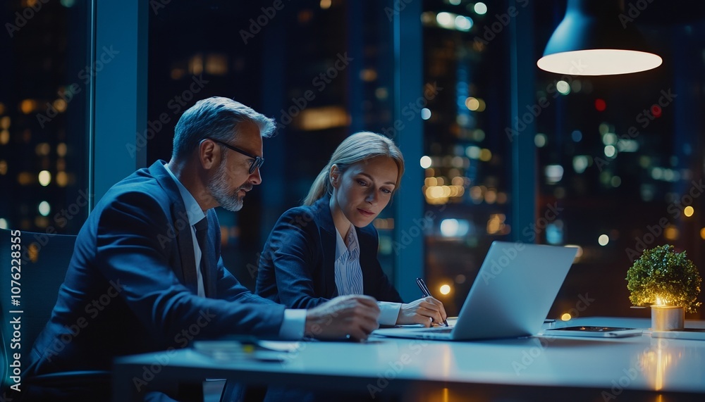 Professional Business Executive Couple Using Laptop in Modern Office Setting Professional Business Executive Couple Using Laptop in Modern Office Setting