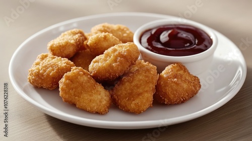 Delicious chicken nuggets served with rich barbecue sauce, perfect for any meal. This image of chicken nuggets highlights their crispy texture and dip options, with ample copy space.