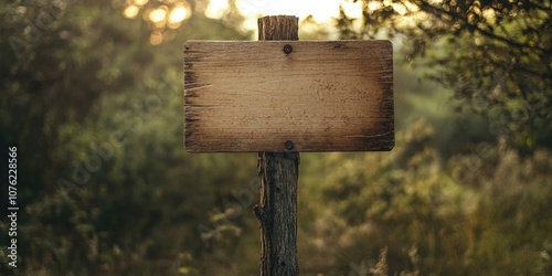 A wooden sign mounted on a post featuring an empty area where you can write a personal message or an invitation. photo