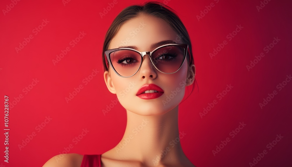 Elegant Woman with Cat-Eye Glasses Red Lips on Red Background Elegant Woman with Cat-Eye Glasses Red Lips on Red Background