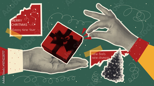 Trendy collage of a festive Christmas banner in the style of pop art. Elements with the effect of halftones for holiday cards, posters, invitations. Vector.