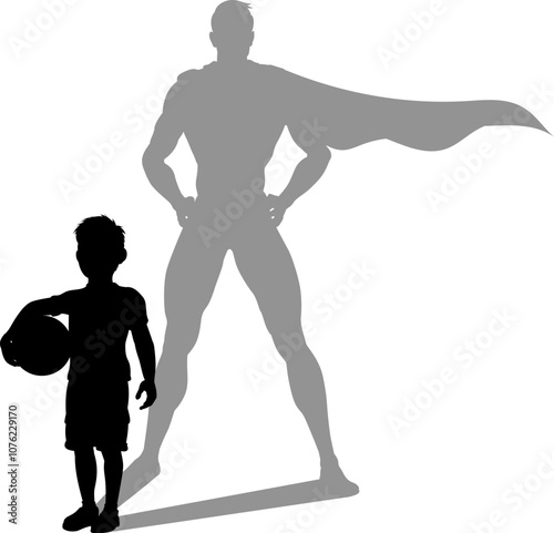 A superhero child or kid boy revealed by his shadow silhouette as a super hero in a cape.