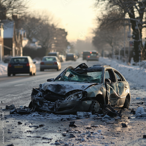 wypadek w górach, wrak samochodu, zniszczone auto, droga photo