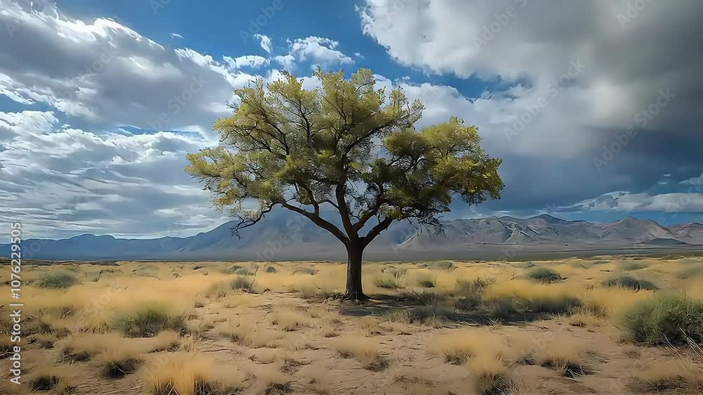 Solitary green tree stands out against a dramatic sky and golden landscape. Solitary green tree stands out against a dramatic sky and golden landscape.