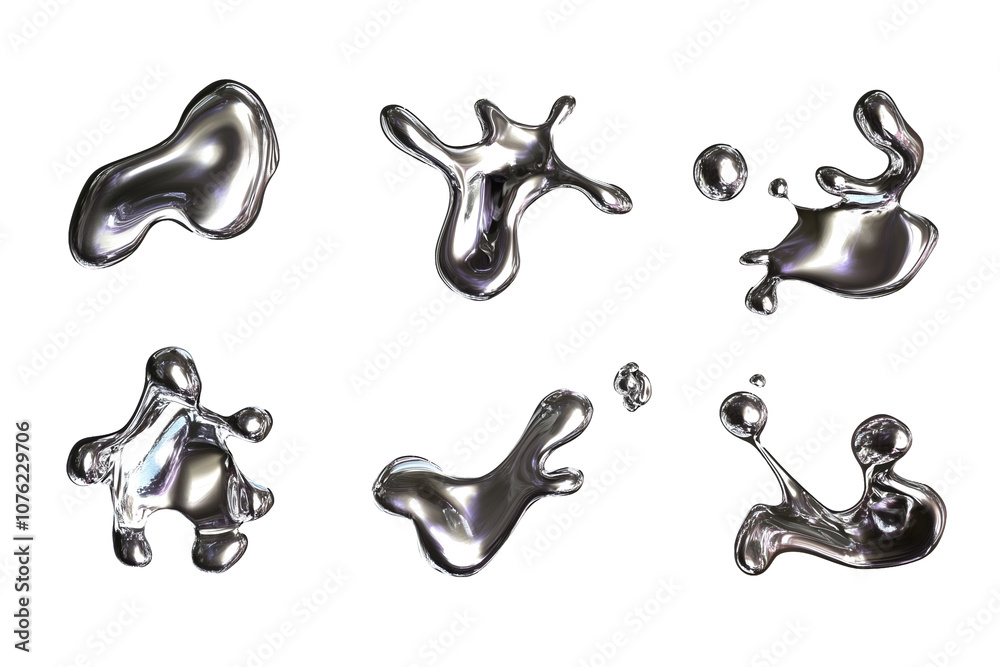 Obraz premium Liquid metal shapes isolated on transparent or white background, png