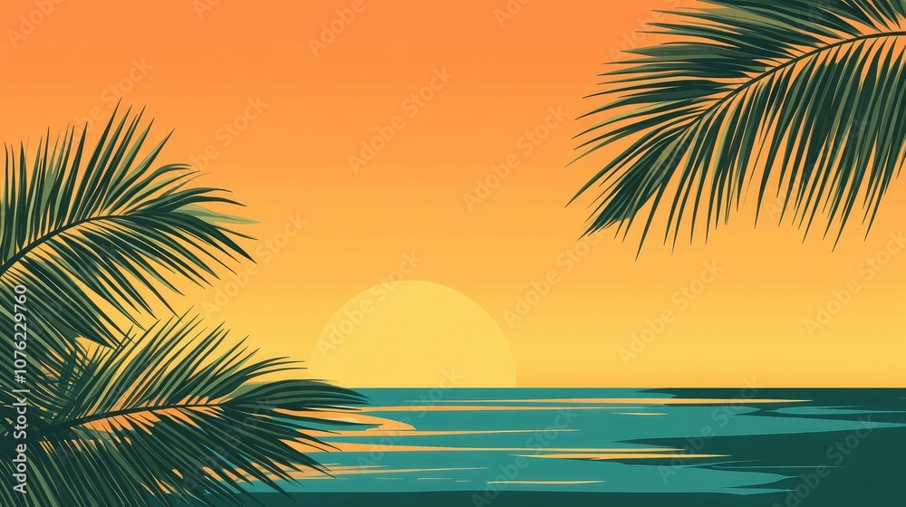 Tropical summer banner design incorporates a palm leaf against a stunning ocean beach backdrop at sunset, creating an inviting tropical atmosphere with ample space for text. Tropical summer banner design incorporates a palm leaf against a stunning ocean beach backdrop at sunset, creating an inviting tropical atmosphere with ample space for text.