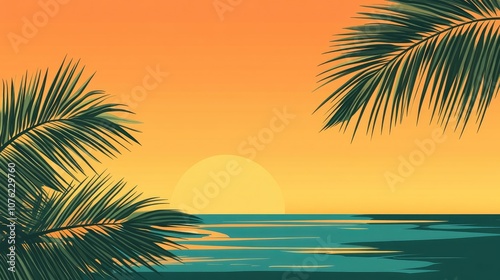 Tropical summer banner design incorporates a palm leaf against a stunning ocean beach backdrop at sunset, creating an inviting tropical atmosphere with ample space for text.