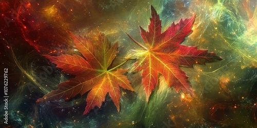 Artistic representation of maple leaves featuring a design inspired by the cosmos, showcasing a blend of nature and cosmic elements in a striking visual.