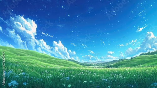 Vibrant green field under a bright blue summer sky creates a maximalist landscape, enhanced by glowing stars and dynamic motion light, ideal for high-quality imagery with copy space.